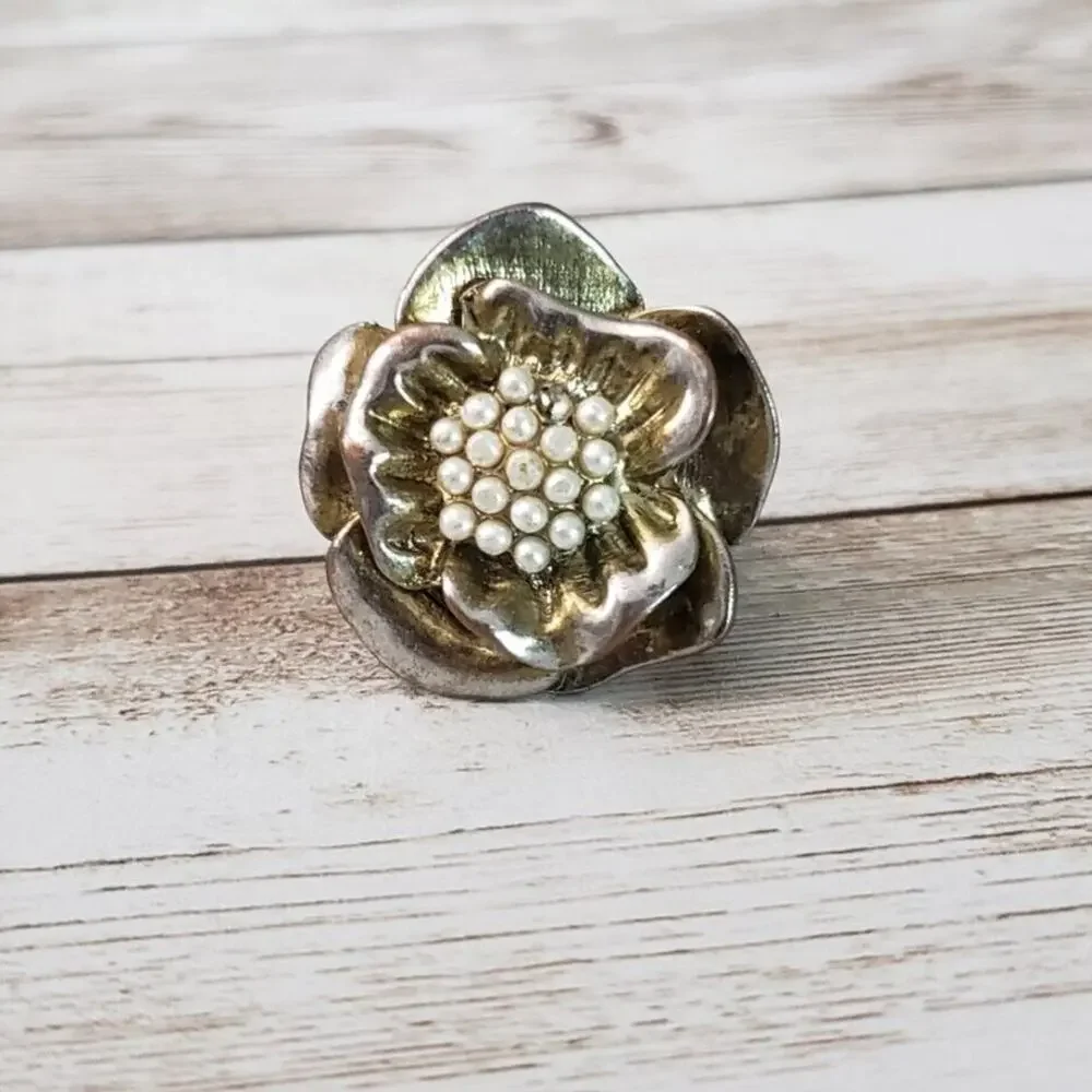 Vintage Ring - Large Flower with Faux Pearl Center Statement Adjustable Size